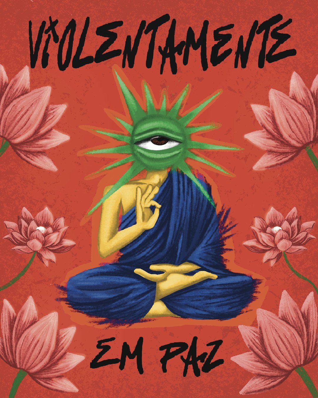 Seated meditative figure with a starburst third eye, surrounded by lotus flowers