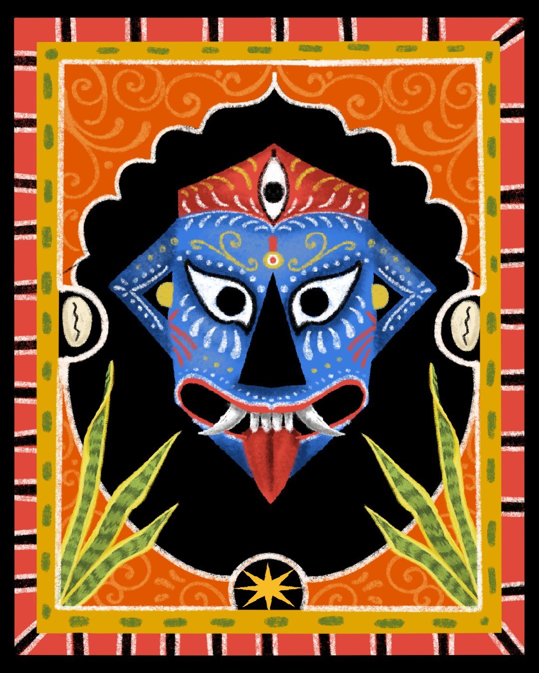 Hand-painted blue folk mask illustration with a third eye and gold linework